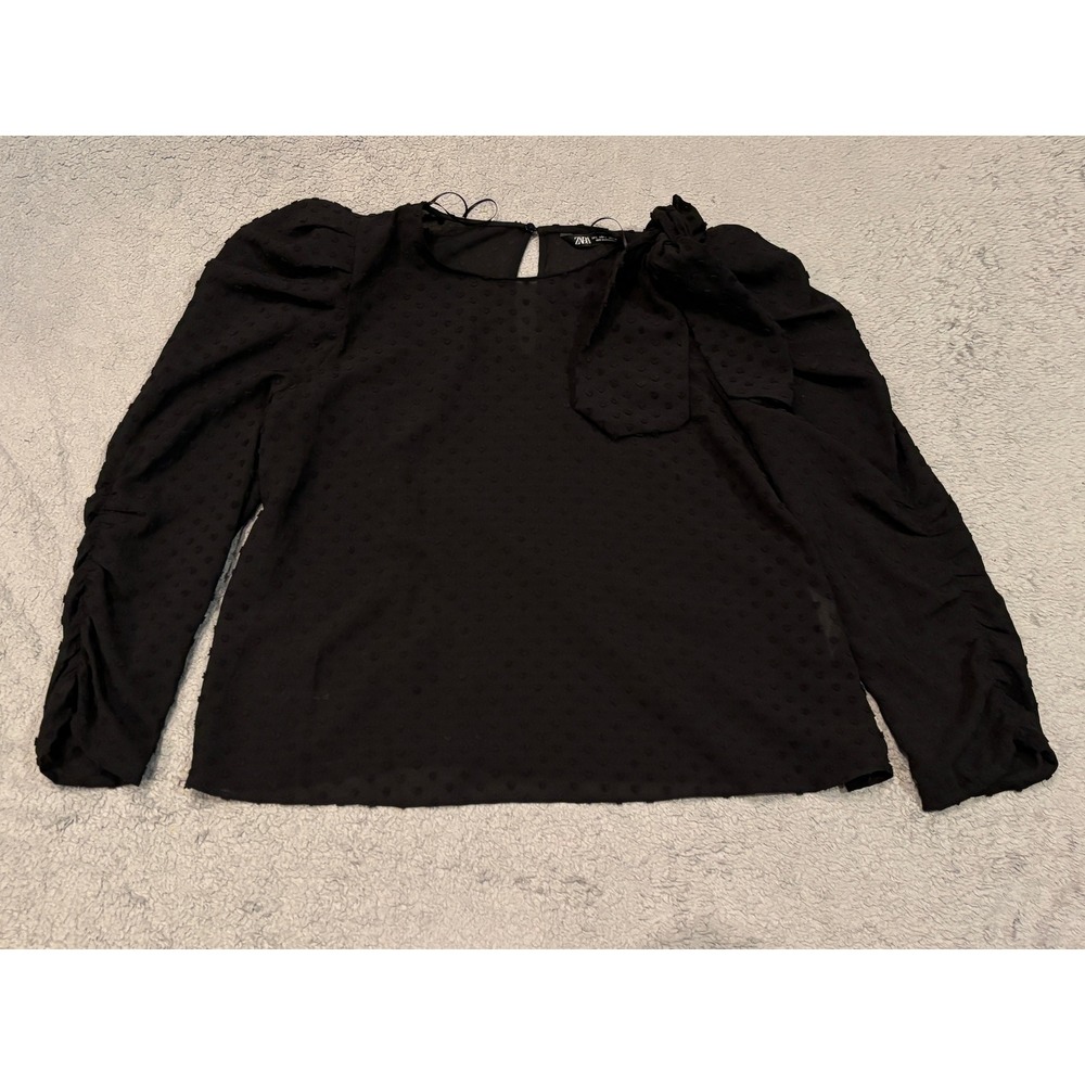Zara Black Swiss Dot Puff Sleeve Blouse Bow Detail Size Large